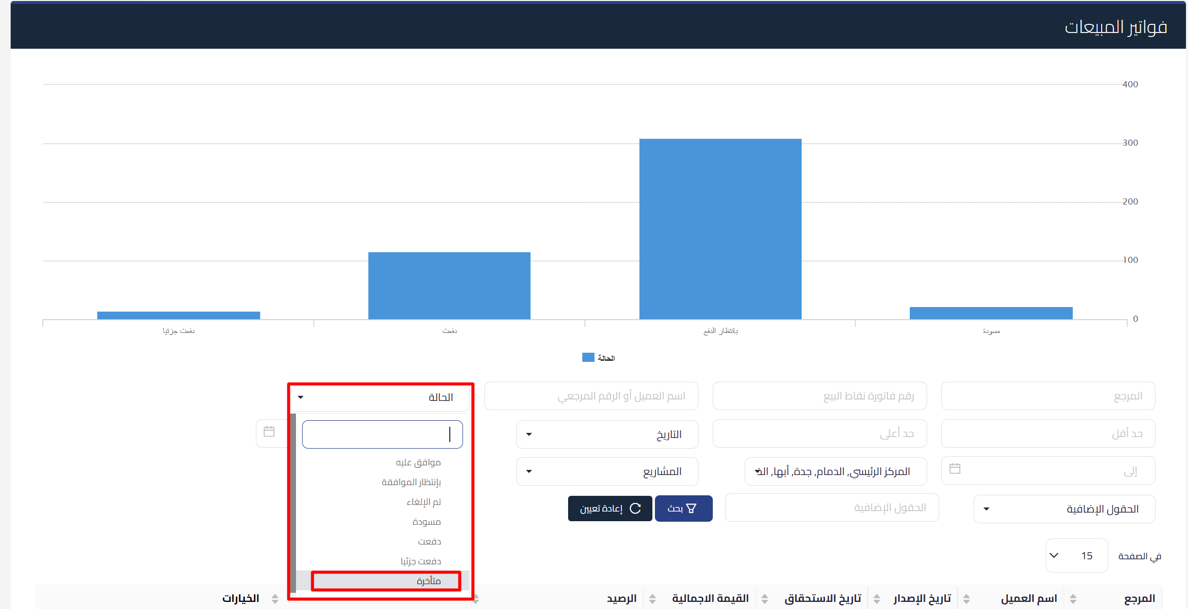 68d3981e2ff2d mceclip0 إضافة خيار "متأخرة" إلى تصفية الحالة في فهرس المستندات التجارية | قيود تصفية الفواتير المتأخرة في قيود